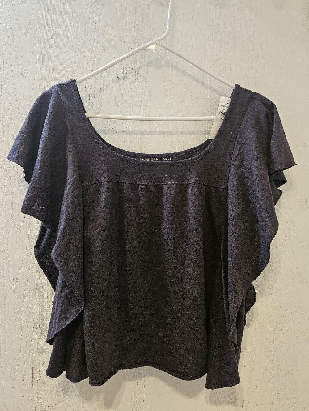 American Eagle Outfitters Dark Navy Ruffle Sleeve Scoop Neck Top